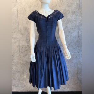 Stunning Vintage Navy Blue Taffeta Dress with Button-Front Bodice